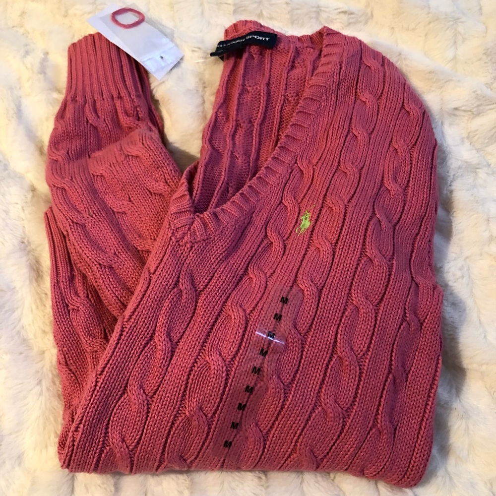 Pink Ralph Lauren Women's Cable-Knit V-Neck Sweater